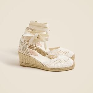 J. Crew Crochet Fabric Lace-Up Espadrille Wedges Sandal Ivory Size 8.5 NWOB